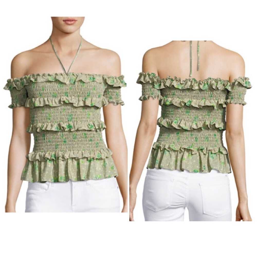 Rebecca Taylor  100% Silk Top Sz M Smocked Ruffle Off The Shoulder Floral Green